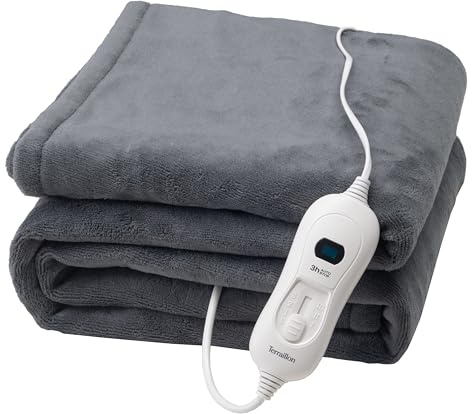 Terraillon - Cozy, Couverture chauffante, Arrêt Automatique, Plaid 3 réglages de température, Chaleur Pendant 3h, Lavable en Machine, Dim. 160x120 Cm, Tissu Polaire Corail, Gris Anthracite