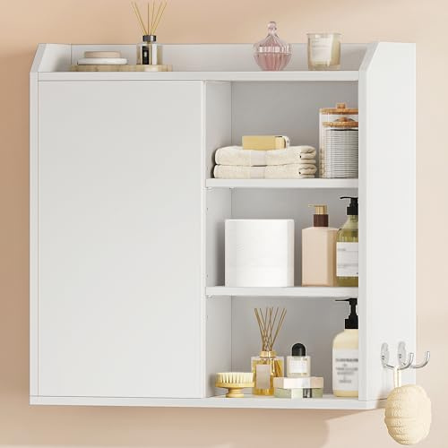 Hzuaneri Hängeschrank, Wandschrank mit verstellbaren Ablagen, weiß | mit Schiebetüren und offenen Regalen, Wandmontierter Badezimmerschrank, 30 x 60 x 60 cm, BC30303X