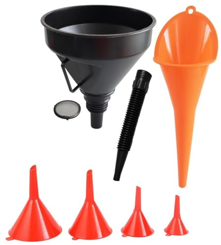Fuel Funnel, 6 Pcs Funnel for Car, Flexible Right Angle Funnels, Wide Mouth Fuel Funnels with Detachable Spout and Filter, for Water, Gasoline, Coolant, Engine Oil (Red, Black, Orange)