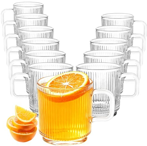 APACALI 12 Stück Teegläser mit Henkel, 350ml Kaffeegläser mit innenliegendem Rillen-Relief, Bleifreie Glastassen für Matcha, Cappuccino & Tee, Glas mit Griff