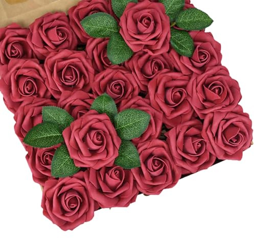 MUNSKT 25Pcs Red Roses Artificial Flowers,Valentines Day Decoration,Lifelike Rose DIY Craft Flower for Wedding Bridal Bouquet Centerpiece Arrangement Party Home Decor