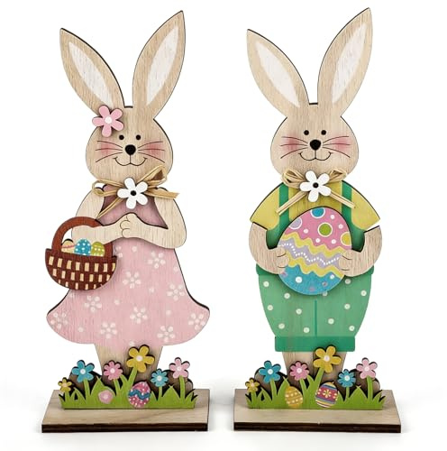 NiceNaiils 2pcs expositores Decorativos para Pascua - Conejito de Pascua con Flor y Zanahoria de Madera - Conejito para Poner - Decoración de Pascua de Madera