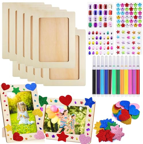 Bilderrahmen Holz Set zum Bemalen, 10 Stück Holzrahmen Holzbilderrahmen | Fotorahmen Bastelset Holzrahmen Holzbilderrahmen, Bastelrahmen Set für Kinderzeichnungen mit Glitzersteine & Sticker
