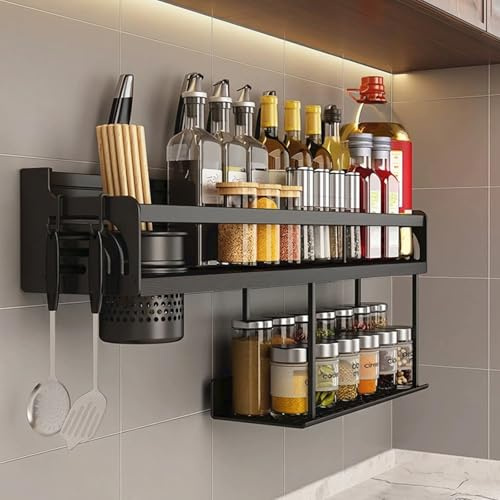 WORLUDE Spice Rack Wall Mounted - 40cm Hanging Storage Shelves with 6 Hook Up, Kitchen Wall Shelf Utensil Rack, Spice Racks Organiser for Spice Jars and Seasoning Bottles (Black)