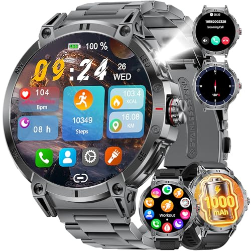 SUNKTA Smartwatch da uomo militare con torcia a LED da 800 mAh grande batteria 1,85 ″ HD Bluetooth chiamate orologio intelligente per iOS Android,frequenza cardiaca/monitor/sonno/contapassi,Grigio