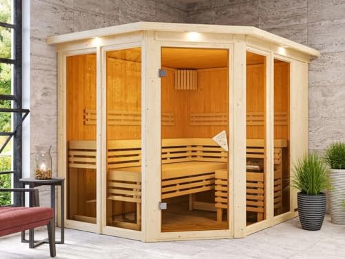 Karibu Nuri Bronze 68mm Innensauna Sparset für 2 4 Personen, 9 kW Saunaofen mit Steuerung, Systembauweise mit Ganzglastür, 3 Espenholzliegen, 4 Fenster, Eckeinstieg, spiegelbar, inklusive Dachkranz