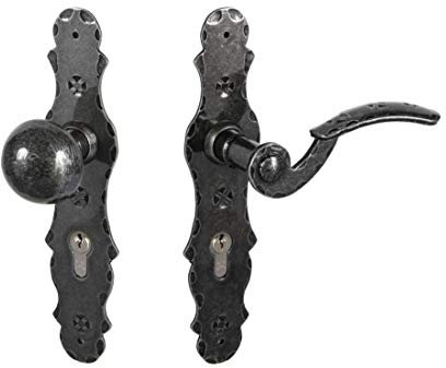 Gedotec Wechselgarnitur KNOPF - DRÜCKER | 1 Türbeschlag Antik Türgriffe Zimmertür - BERN | PZ 92 mm – rechts | Türklinke Schmiede-Eisen schwarz - silber patiniert | Garnitur - Drückergarnitur Vintage