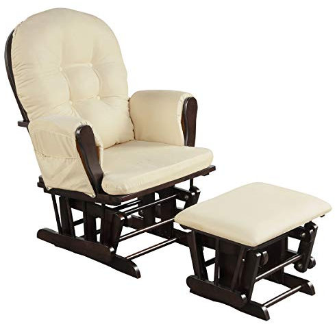 Costzon Nursery Glider with Ottoman, Upholstered Comfort Glider Rocker with Padded Cushion, Storage Pocket, Solid Wood Base, Rocking Chair Nursery for Breastfeeding, Napping (Beige)
