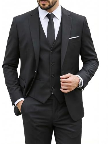 MY'S Men's 3 Piece Suit Set with Tie, One Button Slim Fit Solid Jacket Vest Pants, Prom Party Wedding Business Suits for Men, Black Large