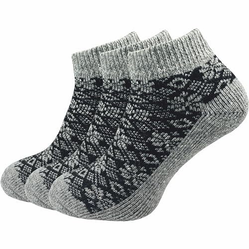 GAWILO dicke & warme Damen Sneaker Socken (3 Paar) | kurze Wollsocken im Norweger Look | ideal auch als Bettsocken im Winter (39-42, grau)