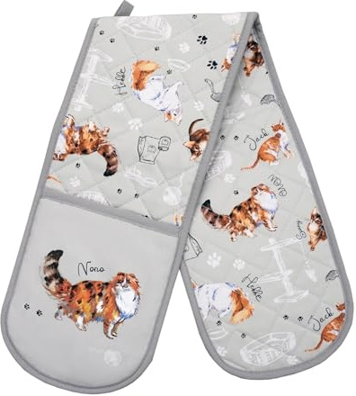 Double Oven Gloves Heat Resistant Mitts For Cooking & Baking (Grey Cat)