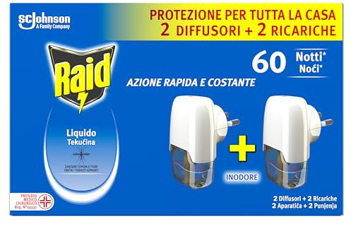 Raid Liquido Elettrico Antizanzare Comuni e Tigre, Inodore, Formato Convenienza, Confezione da 2 Diffusori e 2 Ricariche, 60 Notti