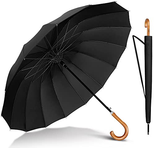 NINEMAX Large Umbrella Windproof Strong, Umbrella Wooden Handle, Classic Walking Stick Umbrellas for Men Women, Stick 16 Ribs,54inch (Black)