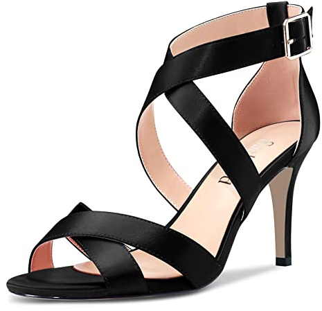 Saekcted Femmes Aiguille Haut High Talon Heel Lanières Croisées Sandales Ouvert Bout Lanières Cheville Mariage Party Clear 8 CM Heels Noir Satin 37 EU