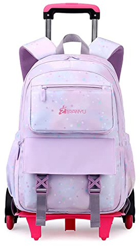 Tanou Rucksack mit Rollen, Leichte Schulrucksack zum Rollen für Mädchen 1-5.Klasse, Kinder Trolley Schulranzen, 16 Zoll, Lila Stern