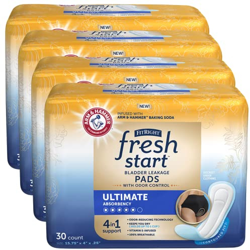 FitRight Fresh Start Postpartum and Incontinence Pads for Women, Ultimate Absorbency (120 Count) Bladder Leakage Pads with The Odor-Control Power of ARM & Hammer (30 Count, Pack of 4)