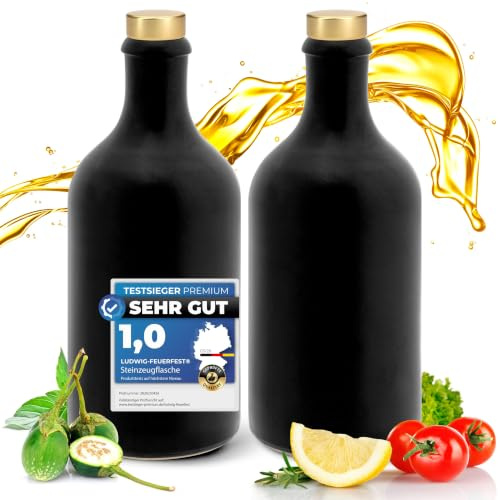 Ludwig- Feuerfest Feinschmecker Essig & Öl – Flaschen mit Ausgießer, Handgefertigtes Geschenkeset Made in Germany. Einzigartig, zeitlos und chic. Ausgießer in Deluxe- Gold (2x 500ml schwarz)