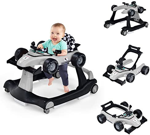 COSTWAY 4 in 1 Lauflernhilfe, Lauflernwagen klappbar mit einstellbarer Höhe & Geschwindigkeit, Baby Walker Autoförmig mit Musikbox, Licht & Rädern, Gehfrei Baby ab 6 Monaten, 12kg Belastbar (Grau)