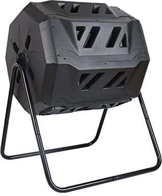 Tumbling Compost Bins, Outdoor Garden Dual Rotating Batch Composter Waste Bins for Food Waste Fermentation and Dead Leafs Fermentation into Compost Outdoor Composting, Black