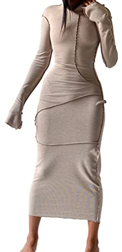 Cqinnifu Sexy Hoodie Dress for Women Long Sleeve Bodycon Sweatshirt Dress Casual Maxi Dresses Khaki