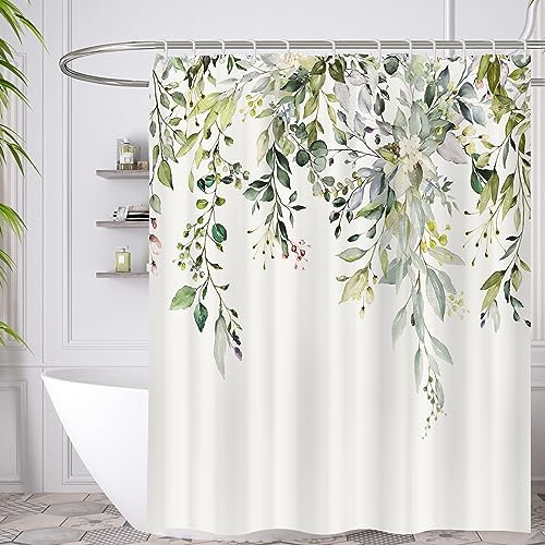 Minicoco Shower Curtain Green Shower Curtains Mould Proof Resistant Waterproof Shower Curtain 100% Polyester Bathroom Shower Curtains with 12 Hooks, 180 x 180 cm (Green Leaves)