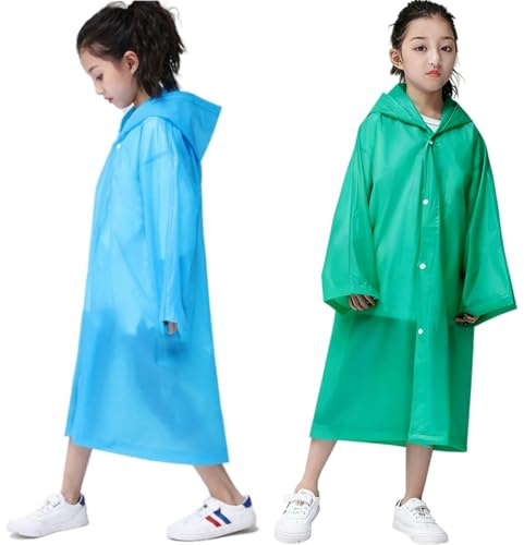 RUISHYY Chubasquero impermeable para niños (paquete de 2), abrigos de lluvia reutilizables de EVA con capucha para niños de 6 a 13 años, Azul y verde, 6-13 Years