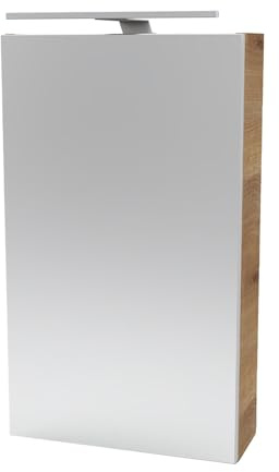 FACKELMANN Milano Spiegelschrank mit LED-Beleuchtung – Alibertschrank für Bad und Gäste-WC (40 x 68 x 15,3 cm) – SBC Badschrank mit Spiegel in Holz Braun – Tür rechts