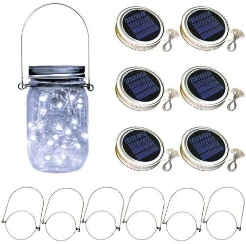 TecHong 6 x Solar Mason Jar Light Lids - 30 LED Hanging Fairy Firefly String Light Lantern Cap, Outdoor Waterproof Patio Porch Garden Yard Balcony Lawn Wall Lighting Decor(No Jar Included)