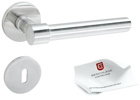 Beschläge Hamburg: Türgriffe/Türbeschlag One L — IO 07Z VAM BB — Türklinke ø20x140mm mit runden, ø53x6mm Rosetten für Zimmertüren — Drückergarnitur/Türdrücker für Innentüren, in Edelstahl matt