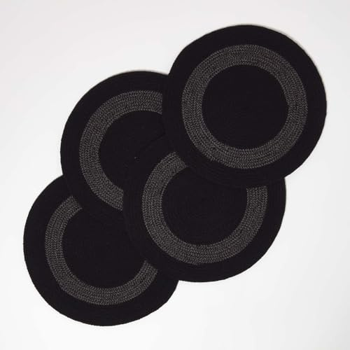 HOMESCAPES 4er-Set Baumwoll-Tischsets rund geflochten 40cm, Platzsets schwarz-grau, Platzdeckchen Naturfaser