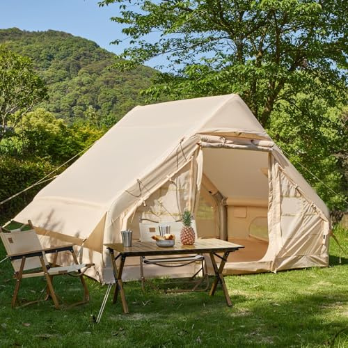 Yoleny Inflatable Tents for Camping, 4-6 Person Waterproof Cotton Blow Up Tent, Easy Setup with Hand Pump, Portable Cabin Tent with Stove Jack