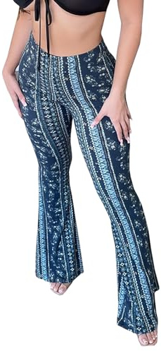 DLAYBGFA Flare Leggings Yoga Pants Women High Waisted Boho Flare Palazzo Pants Stretch Wide Leg Bell Bottom Yoga Leggings(Dark Blue,XL)