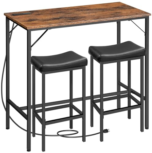 HOOBRO 3-Piece Bar Table and Chairs Set, 39.4 Pub Table, High Top Bar Table with Charging Station, 3-Piece Dining Table Kitchen Breakfast Table Set, for Kitchen, Small Space, Rustic Brown BF10UBT01