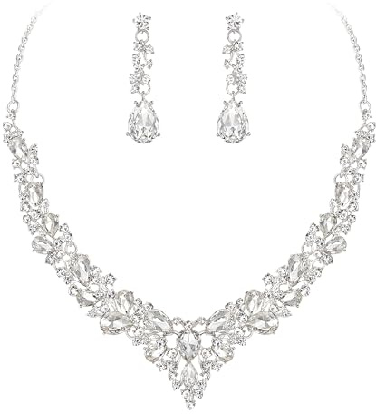 Ever Faith Wedding Bridal Jewellery Sparkly Teardrop Necklace Earrings Set for Women White Silver-Tone