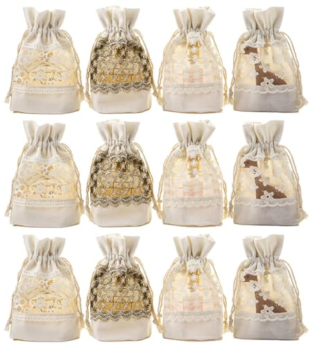 Petunny 12 x Organza-Geschenkbeutel aus Jute, weiße Spitze, Kordelzug, Stickerei, Spitze, Schmuckbeutel für Hochzeit, Geburtstag, Weihnachten, Partys (9,9 x 14,9 cm)