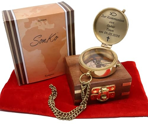 SonKo® Kompass mit Gravur Kompass personalisiert – Antik Optik nautischer funktionsfähige Maritime Deko aus Messing. Konfirmation Geschenk Kommunion
