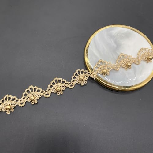 Whakano 10 Yards Stickerei Spitzenband Gold,Retro Spitzenbordüre Mit Perle Geschenkband Zierband,Dekoband Spitzen Borten Bänder zum Tischdeko,Hochzeit,Nähen Handwerk,Kleidung Deko,B,2,3cm
