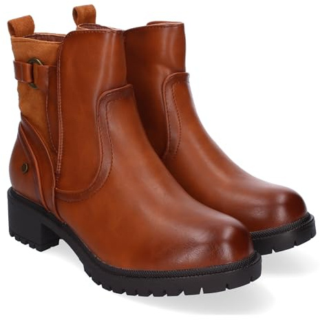 86498 Botines de Tacon Bajo para Mujer con Adorno de Hebilla, Comodos y Elegantes, Puntera Redondeada, Cierre Lateral con Cremallera Camel Talla 38