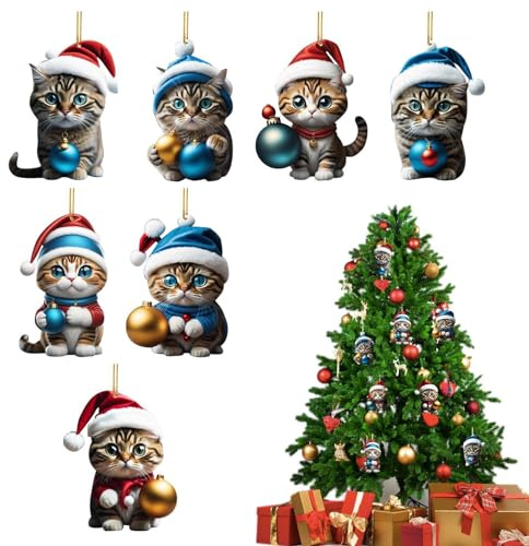 6X Weihnachtskugeln Katze Christbaumschmuck Katze Weihnachtsbaum Anhänger Figuren 2D Weihnachtsschmuck Figur Anhänger Weihnachtsbaumschmuck Tiere Lustig Weihnachtsdeko Katze Besondere,
