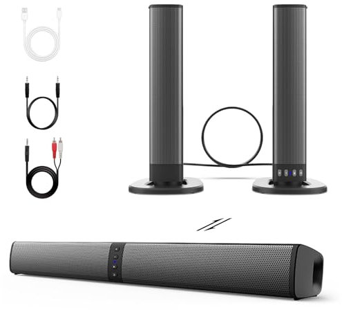 ZYMY Bluetooth Sound Bar for TV, PC Speakers Soundbar 20W, Computer Soundbar for Monitor with USB, TF, FM, TWS, RCA & AUX Playback, 2000mAH Battery, Detachable - Black