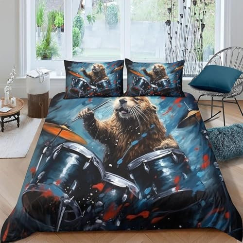 Animal Beaver Duvet Cover Set Double Bed 200X200 Cm 3D Print Pattern Quilt Cover Bedding Set Ultra Soft Hypoallergenic Duvet Cover Sets Includes 1 Duvet Cover 2 Pillowcases 50X-98544185083