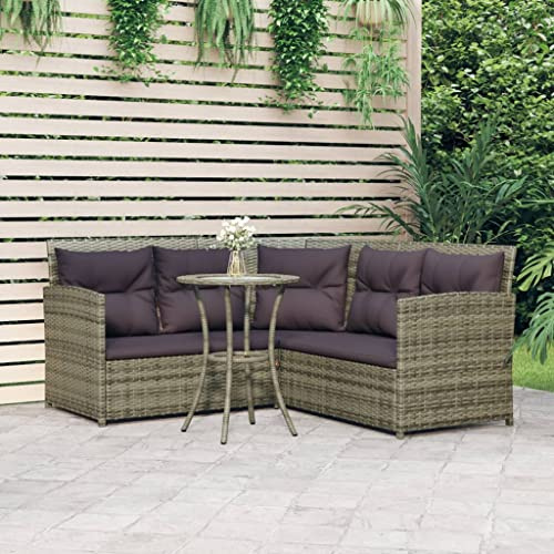 Willood Sofagarnitur 2 TLG. L Form mit Kissen Gartensofa mit Couchtisch Lounge Sofa Gartenset Gartenmöbel Tisch Poly Rattan Grau