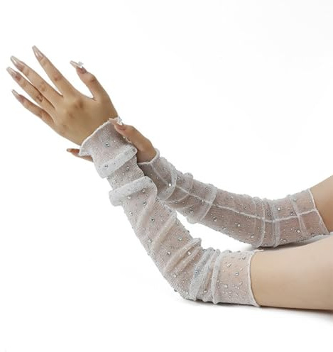 Whakano Lange Handschuhe Damen,Handschuhe mit Strass,Fingerlose Ellenbogen Handschuhe,Handwärmer Stulpen,Armstulpen für Hochzeit,Karneval,Mottoparty,Performance,Tanz,Abschlussball,Grau