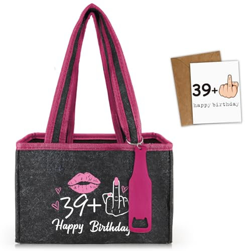 Giftota Lustig 40. Geburtstag Frauen Bier, 39+1 Flaschentasche mit Flaschenöffne und Karte, für 6 Bierflaschen, Wiederverwendbare Handtasche, Geschenk 40 Geburtstag Bierliebhaber, Bierfeste, Partys