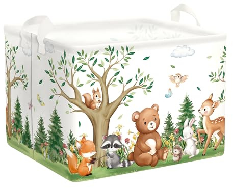 HUUMONSS Süßes Waldtier Groß Wäschekorb Baum Laub Stoff Aufbewahrungskorb Kleidung Spielzeug Aufbewahrungsbox für den Heimgebrauch/den Außenbereich, Bär, 36L