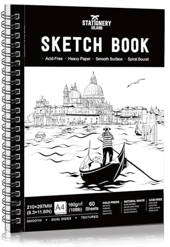STATIONERY ISLAND Sketchbook Spiral Bound 60 Sheets A4 160gsm Premium Drawing Paper for Sketching, Drawing & Painting Sketch Pad Art Book for Pencils, Charcoal