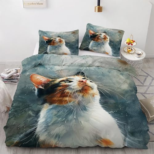 YZQGLHP Bettbezüge 135x200 Retro Bettwaesche Dreifarbige Katze Bettbezug Mikrofaser 3teilig Bettwäsche Weich Atmungsaktiv und 2 Kissenbezüge 80x80 cm mit Reißverschluss