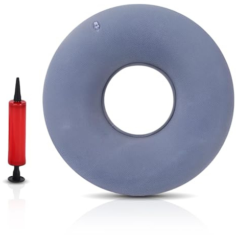 Qixuer Uppblåsbar cirkulär kudde, sätesring efter operation, munkkudde, sätesring för hemorrojder, grå (diameter 38 cm med pump)