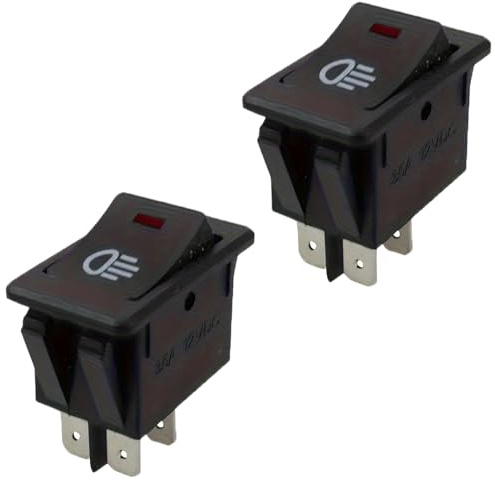 Powice 2X LED Glühen Schalter,Schiffstyp Selbstsichernder 4 Poliger Schalter 12V mit Rotem Licht,Wippschalter35A/12V Geeignet für Nebelscheinwerfer und Scheinwerfer(Rot)