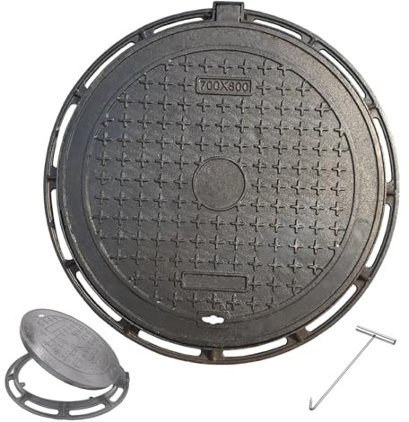 Couvercle de Regard Ronds Noirs et Cadre, Regard Eau Pluviale en Fonte Ductile avec Crochet Leve Plaque, Plaque Egout Extérieur Antidérapant et Antivol pour Cours, Allées et Trottoirs(40x40cm/16x16in)